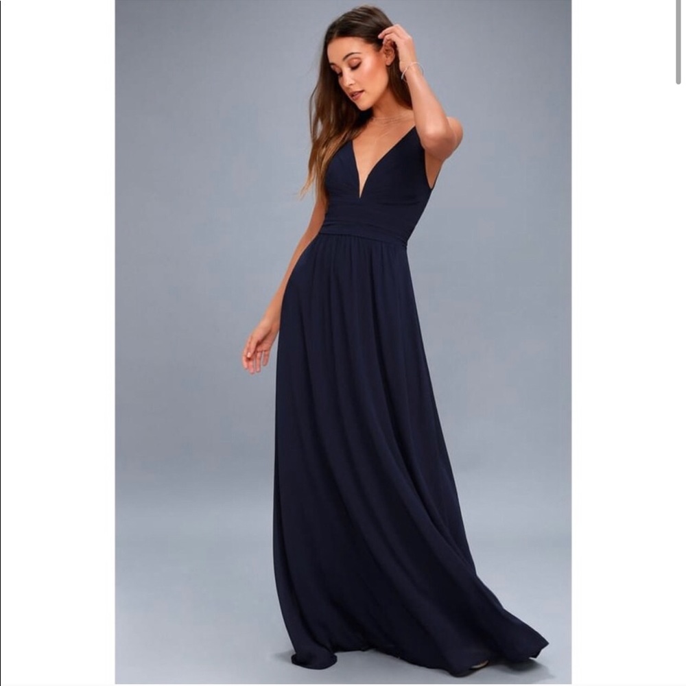 Lulus Navy Blue Chiffon Leading Role Maxi Dress
